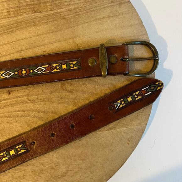 Brown Painted Tooled Southwestern Genuine Leather Brass Buckle Belt Size Large - Picture 10 of 12